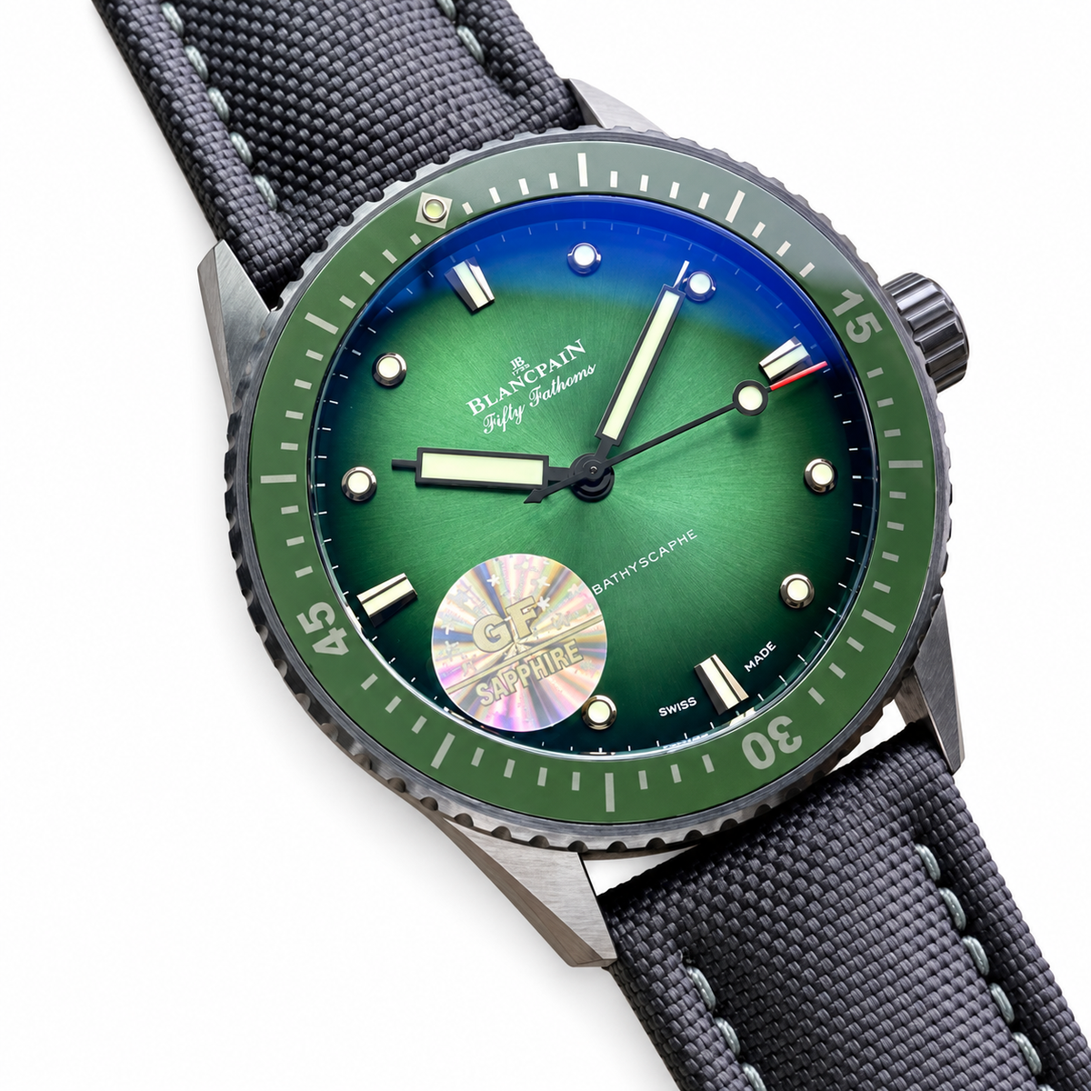 Blancpain Fifty Fathoms Bathyscaphe Green Sunburst Dial Black Canvas Watch