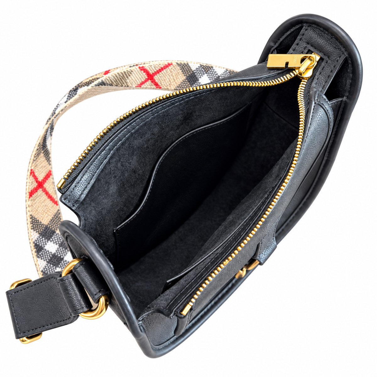 Burberry Black Saddle Bag with Check Strap