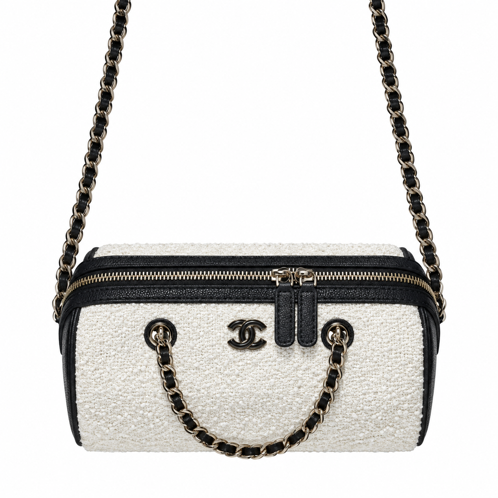 Chanel White Tweed Small Vanity Case with Chain