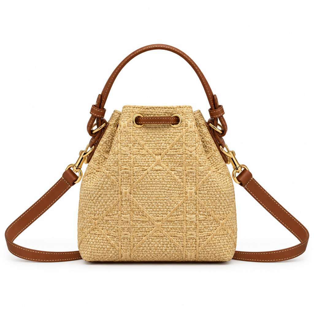 Dior Raffia Woven CD Logo Drawstring Bucket Bag