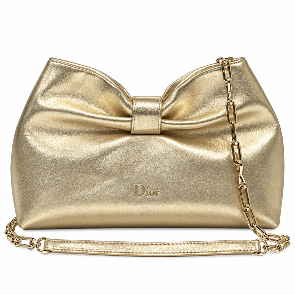 Dior Bow Bag in Champagne Gold Metallic Leather with Gold Chain Strap