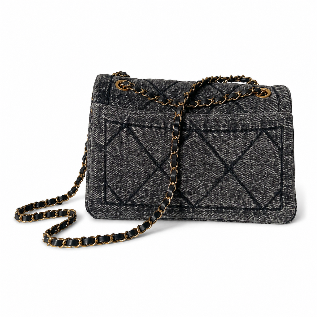 Chanel Quilted Charcoal Denim Flap Bag with Gold CC Lock and Charm