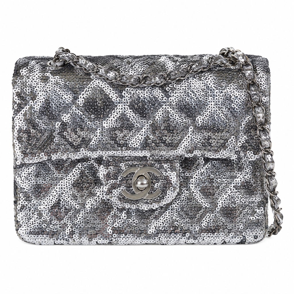 Chanel Silver Labyrinth Sequin Classic Flap Bag with Silver Chain