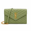 YSL Saint Laurent Envelope Chain Wallet Sage Green Matelasse Chevron Leather Gold YSL Monogram Chain Strap