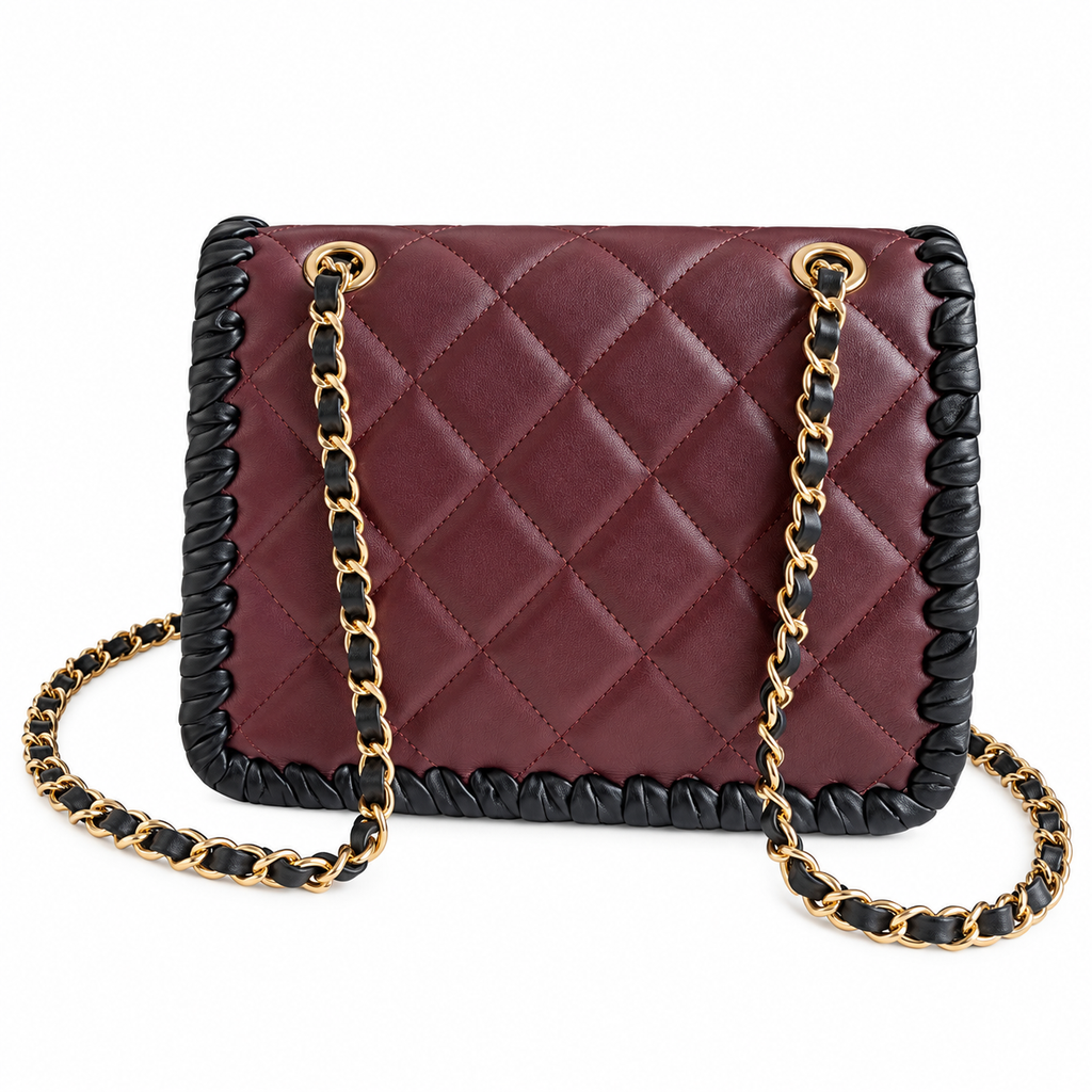 Chanel Burgundy Quilted Flap Bag with Black Braided Edge