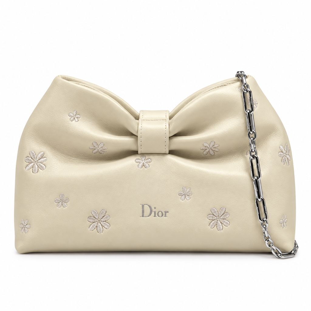 Dior Bow Bag in Ivory Lambskin with Floral Embroidery and Silver Chain