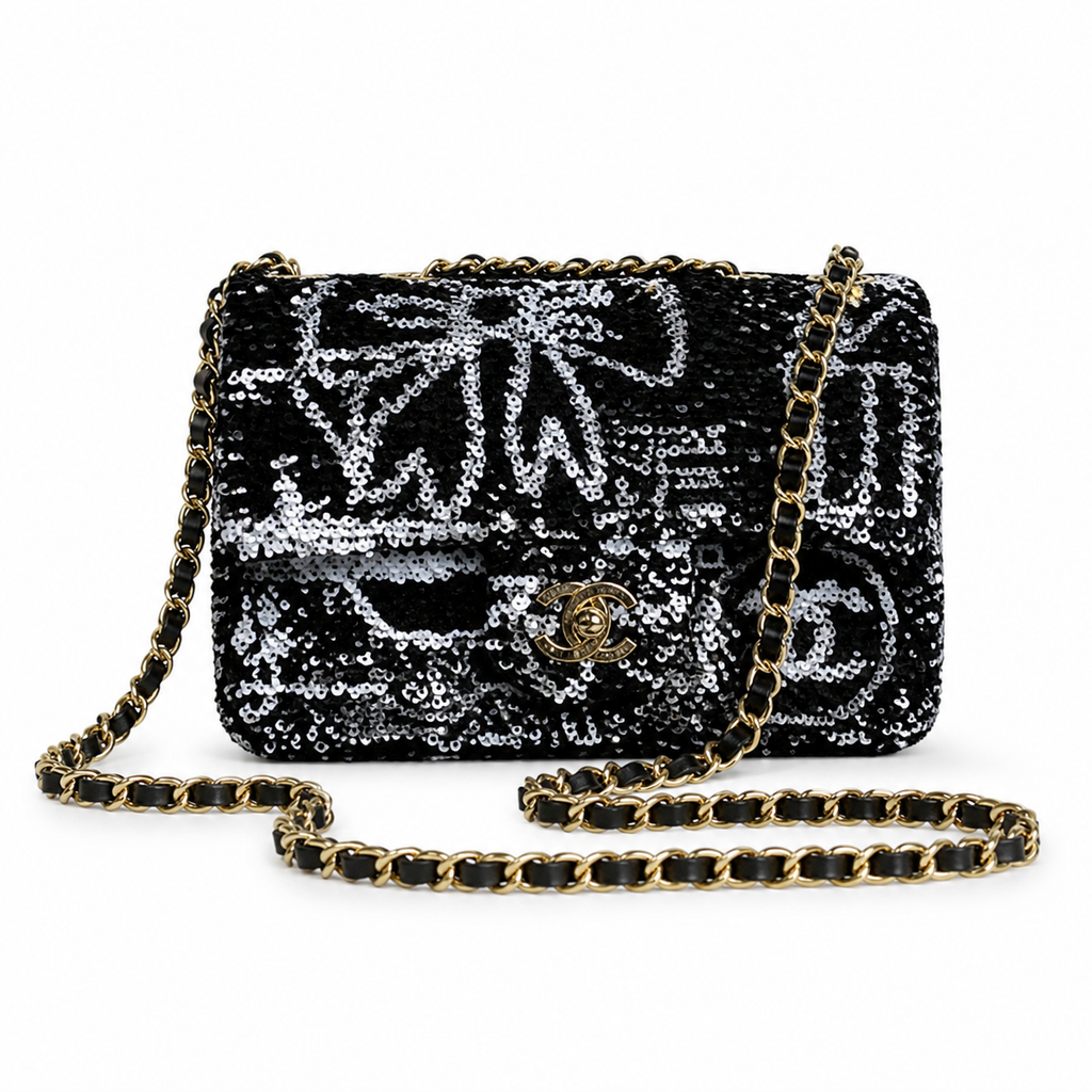 Chanel Silver Bow Sequin Classic Flap Bag with Silver Chain