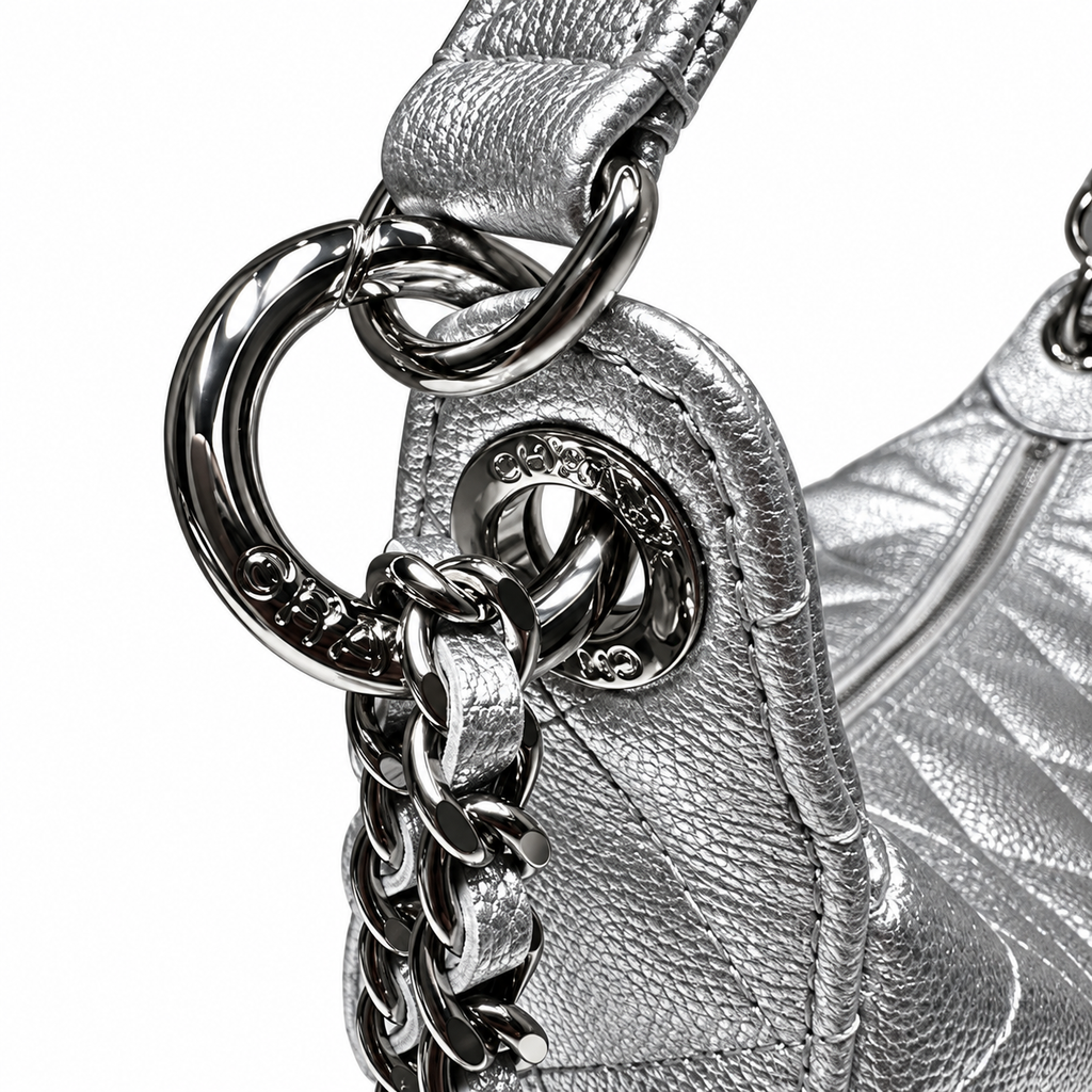 Chanel Silver Metallic Quilted Half Moon Bag with Chain