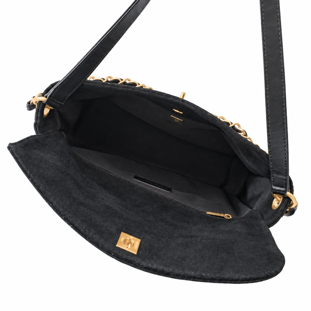 Chanel Quilted Suede Flap Shoulder Bag Black 25×30×7cm