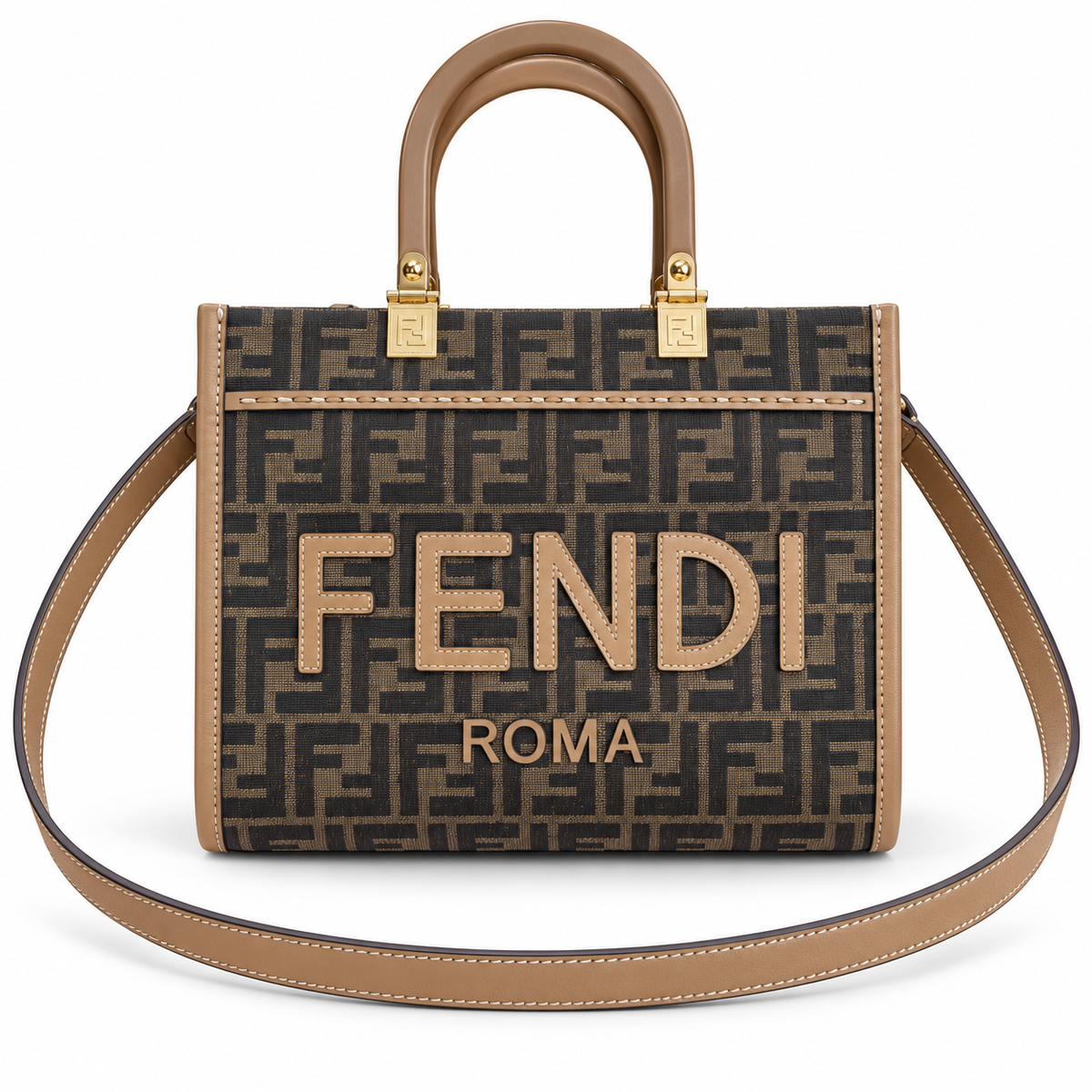 Fendi Sunshine Small Tote – FF Jacquard & Blush Calfskin Top Handle Bag