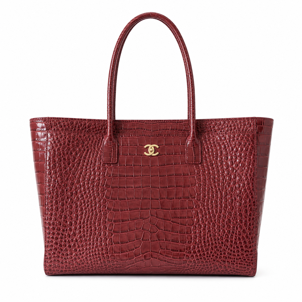 Chanel Burgundy Red Croc-Embossed Large Shopping Tote | Gold CC Turn-Lock & Tonal Handles