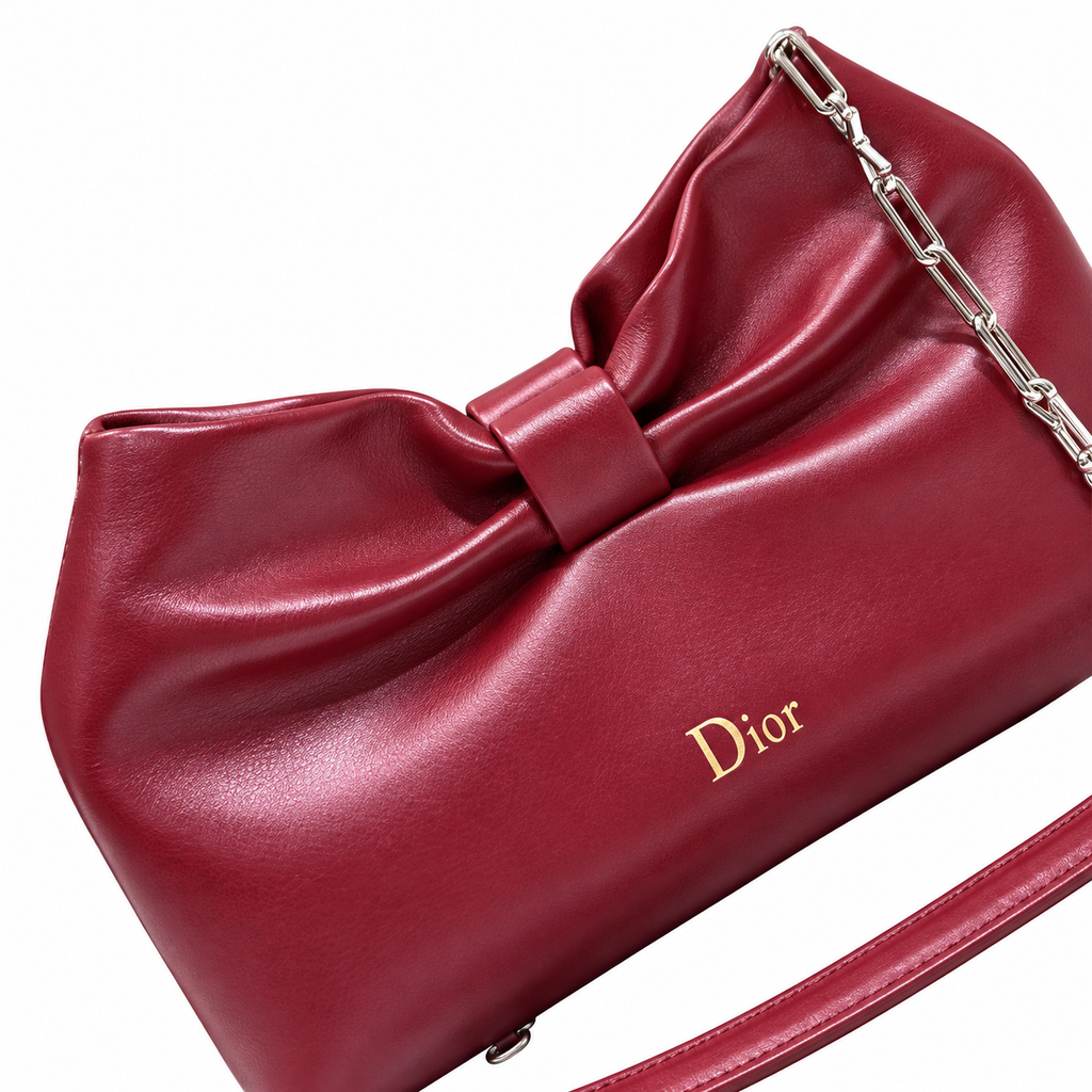 Dior Bow Bag in Bordeaux Lambskin Leather with Silver Chain Strap