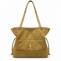 YSL Saint Laurent Bougeoir Drawstring Tote Sand Quilted Suede Gold YSL Monogram Double Chain Straps Side Drawstring