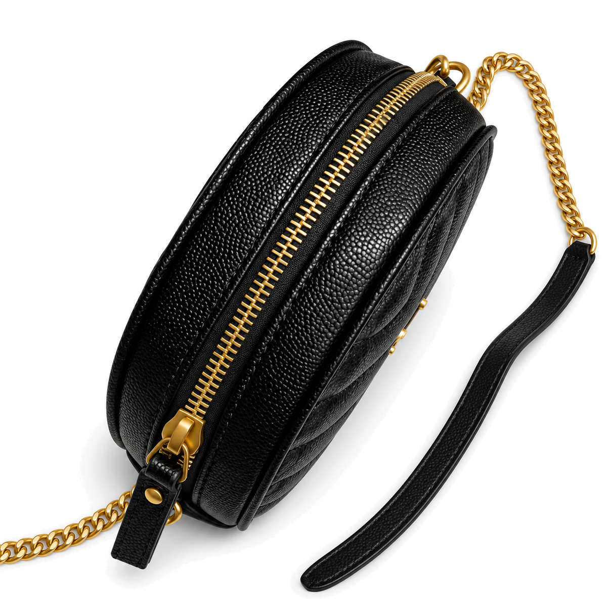 YSL Saint Laurent Vinyle Round Chain Bag in Black Matelassé Leather