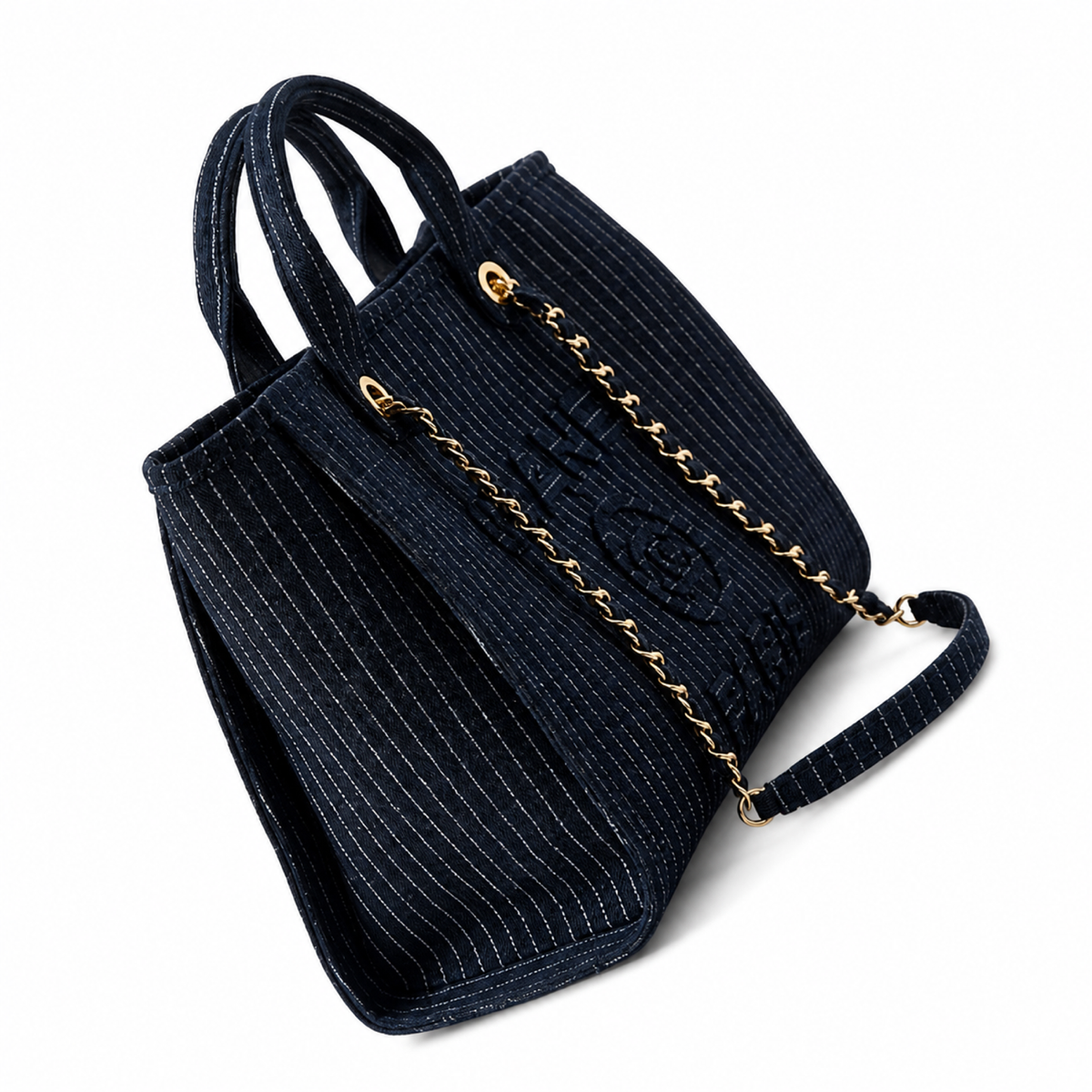Chanel Black Pinstripe Chain Tote Bag