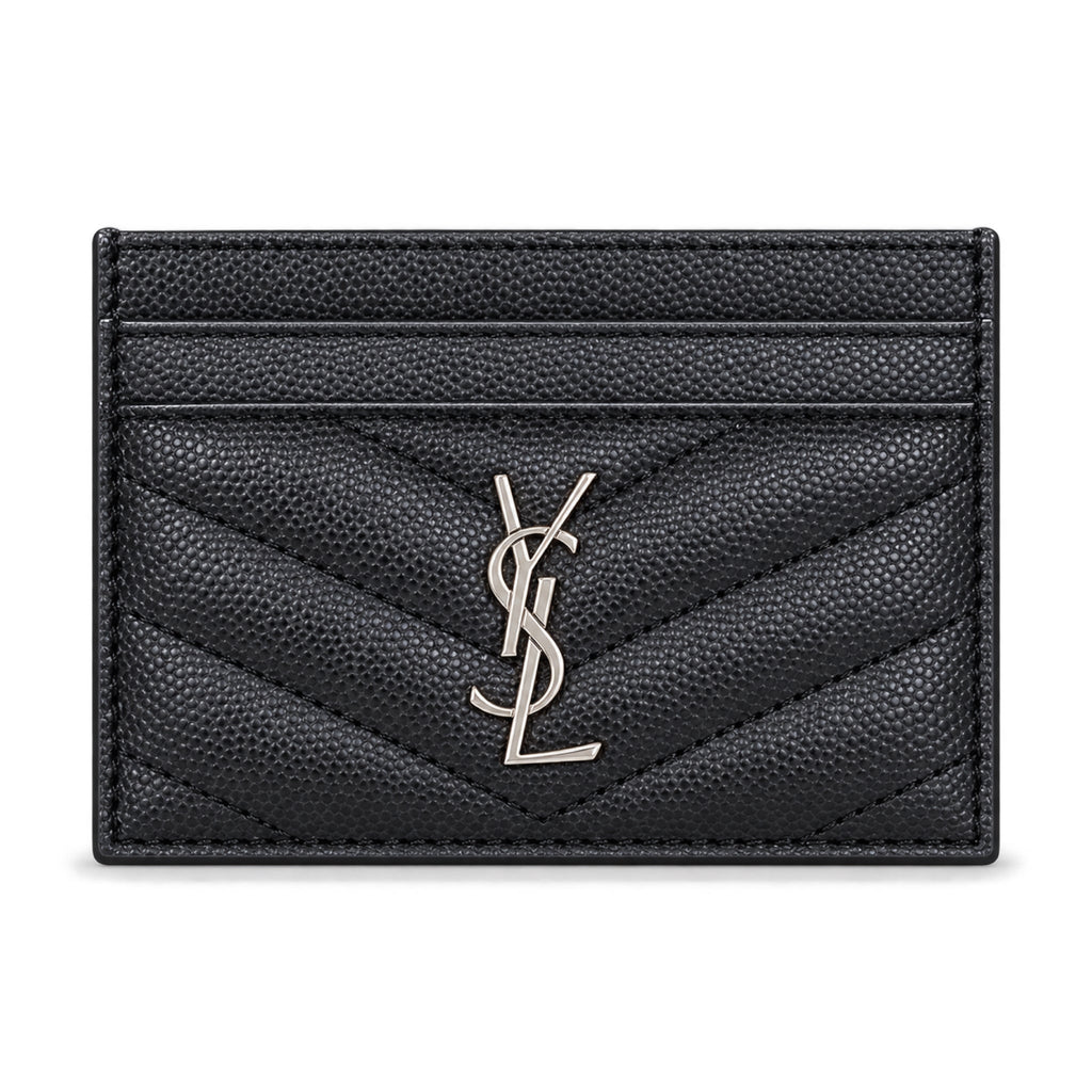YSL Cassandre Card Holder Black Chevron Grain Leather Silver Logo Saint Laurent