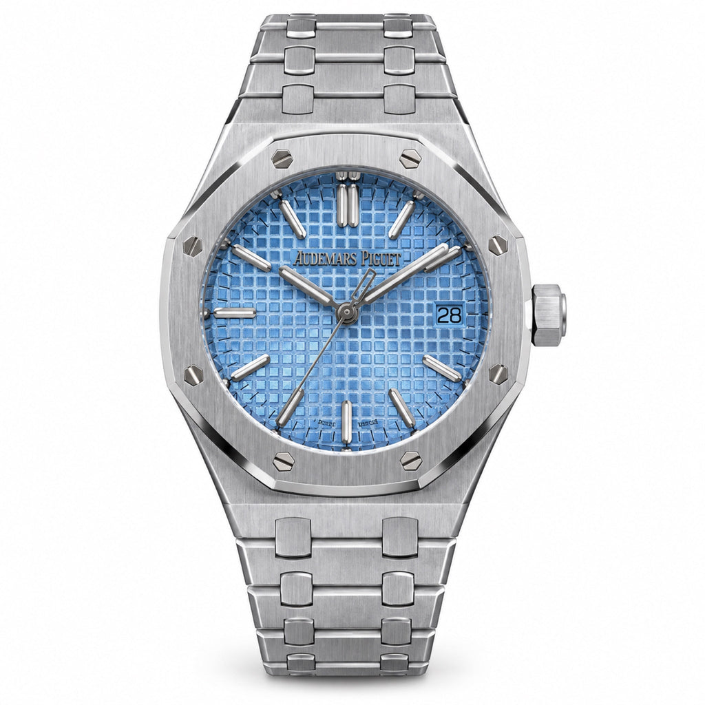 Audemars Piguet Royal Oak Stainless Steel Light Blue Tapisserie Petit-Carreaux Dial Date Integrated Bracelet Watch