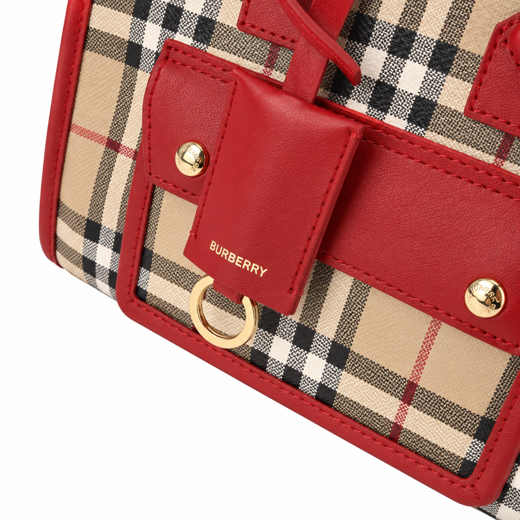 Burberry Check Pocket Tote with Red Trim