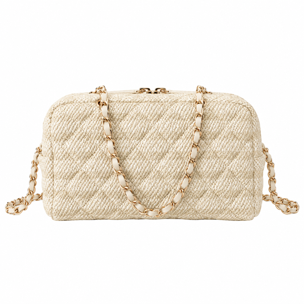 Chanel Beige Quilted Raffia Bowling Bag with Chain