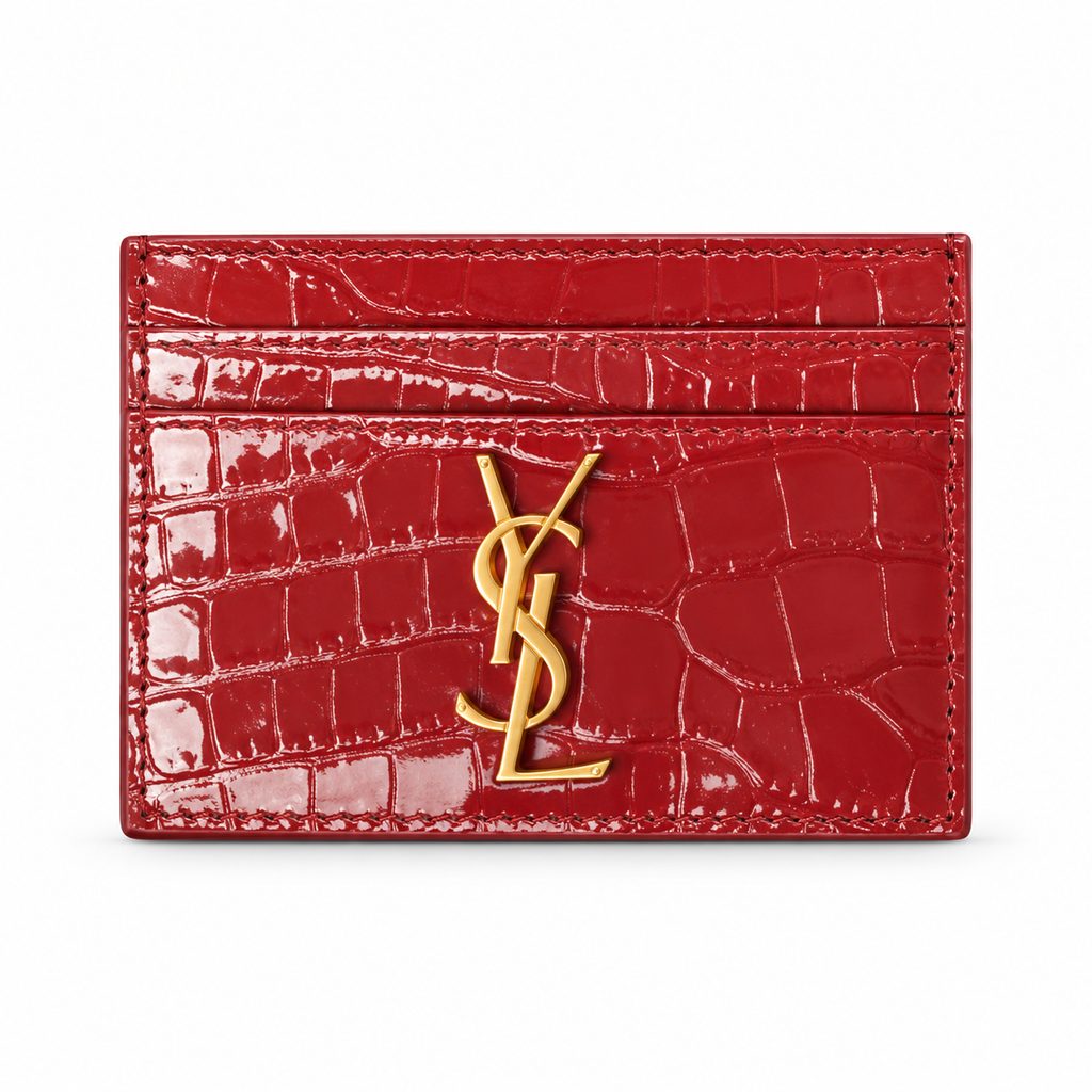 YSL Saint Laurent Monogram Croc-Embossed Card Holder Red