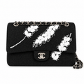 Chanel Classic Double Flap Tweed Black Camellia Charm Silver 25cm