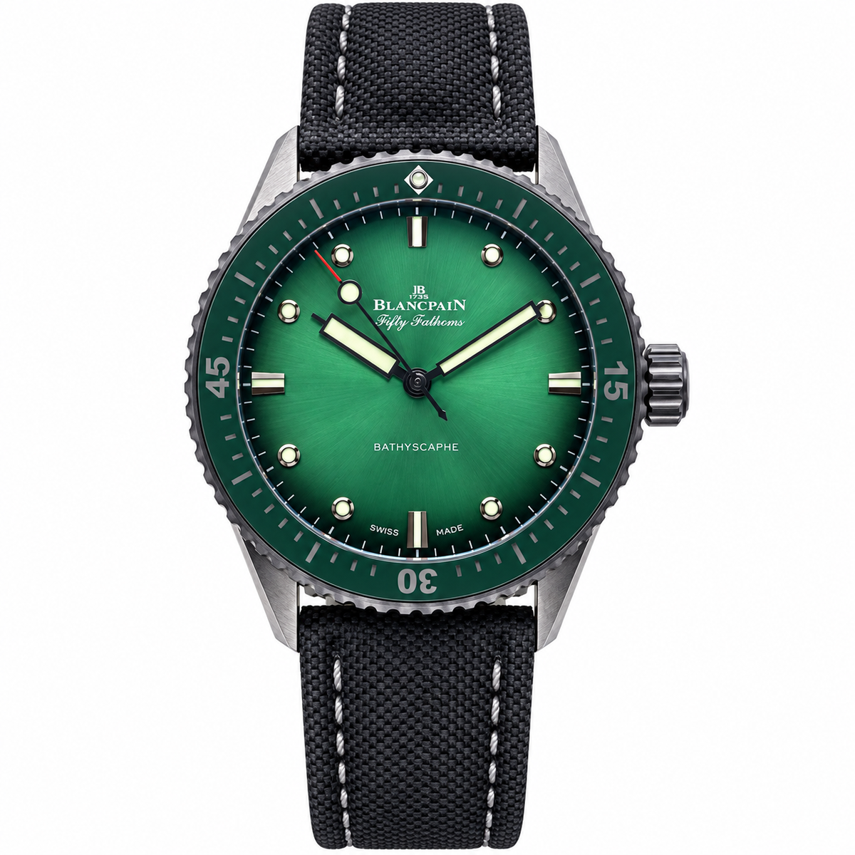 Blancpain Fifty Fathoms Bathyscaphe green sunburst dial titanium case with green ceramic bezel and black canvas strap