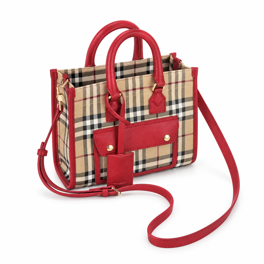Burberry Check Pocket Tote with Red Trim