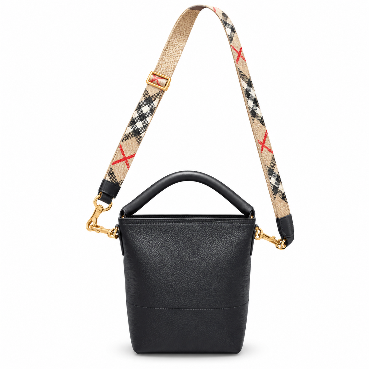 Burberry Black Leather Bucket Bag with Check Strap
