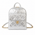 Chanel Quilted Mini Backpack in Silver Metallic Lambskin with Gold Chain