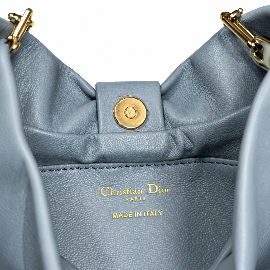 Dior Bow Bag in Ice Blue Lambskin Leather with Gold Ball-Chain Strap