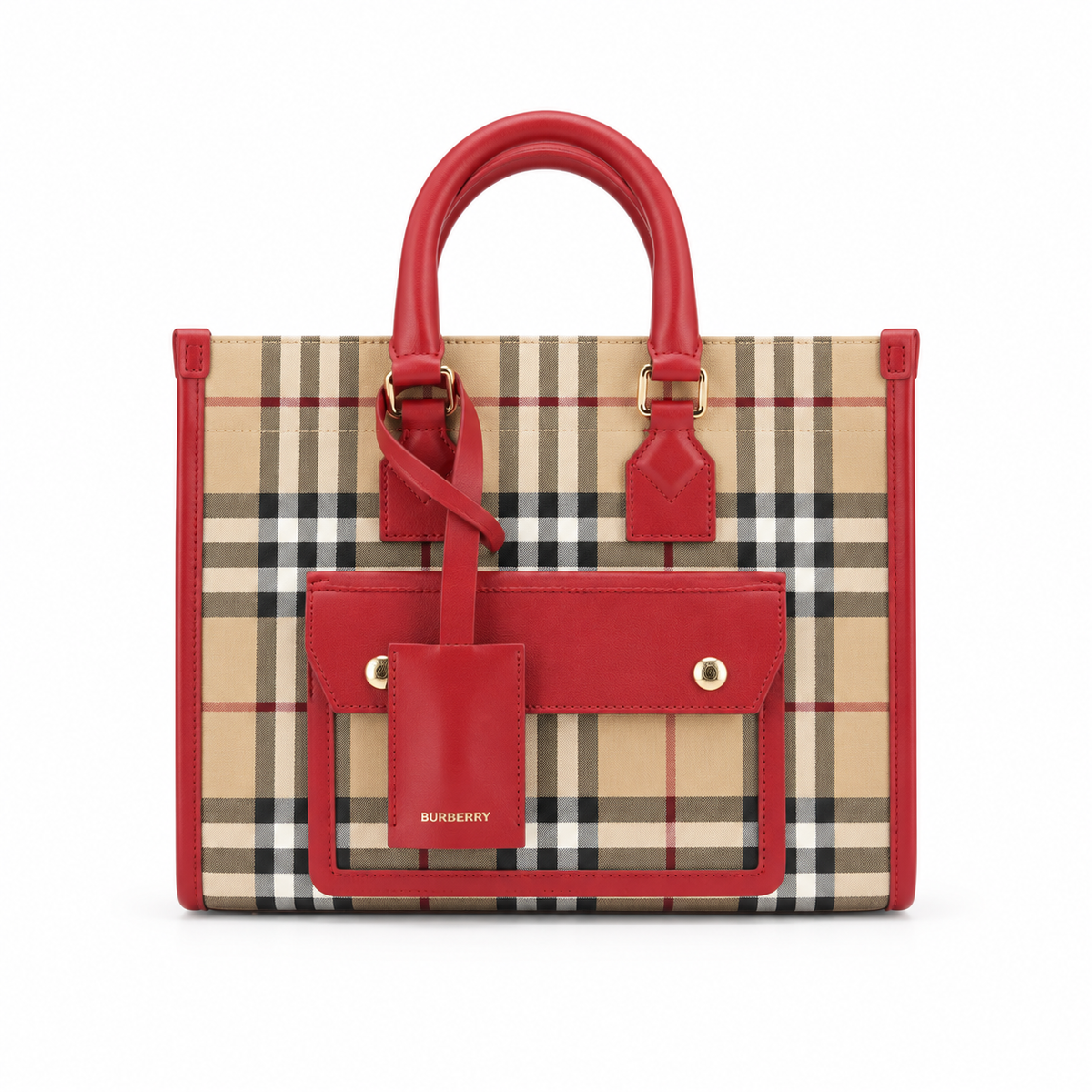 Burberry Check Pocket Tote with Red Trim