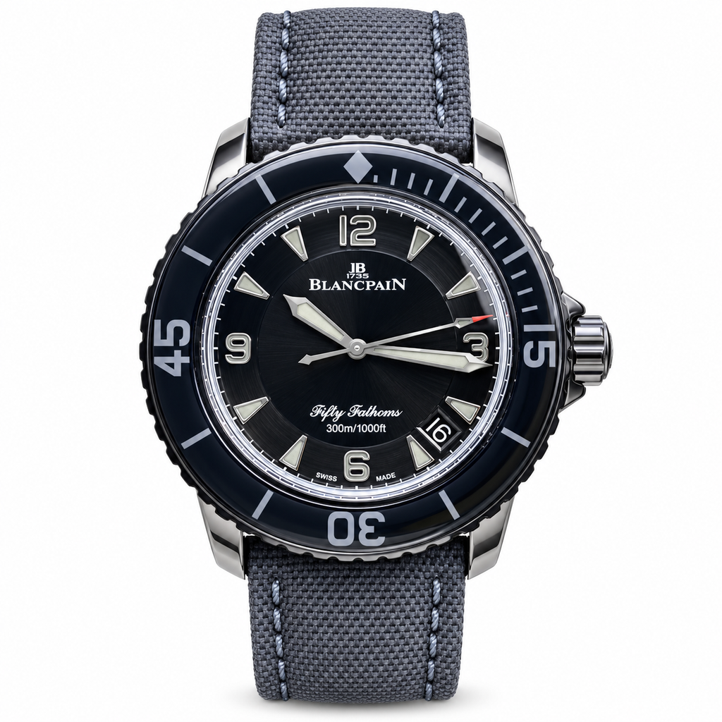 Blancpain Fifty Fathoms titanium black dial ceramic bezel 300m grey sailcloth canvas strap