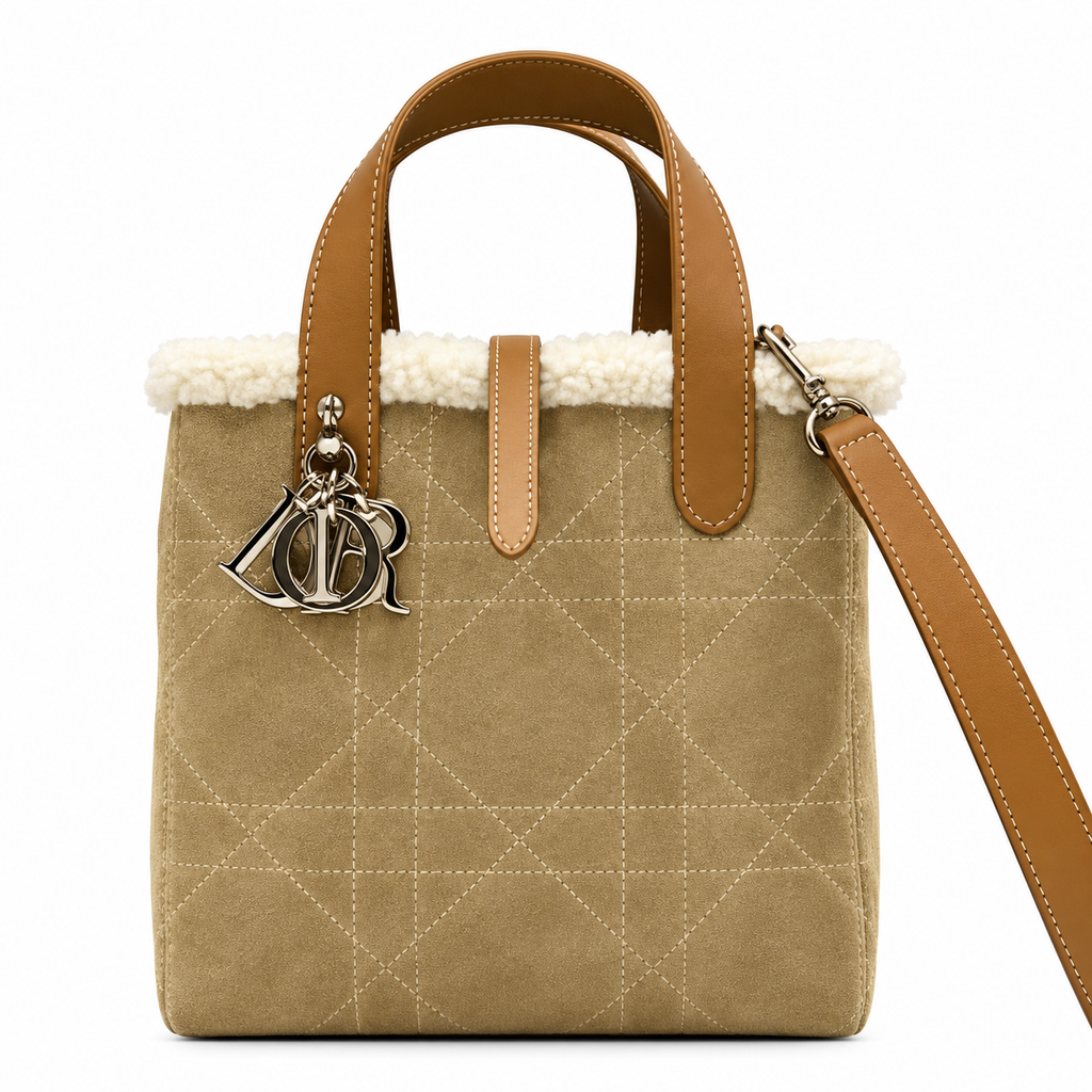 Dior Toujours Mini Bag in White Shearling with Camel Leather Trim